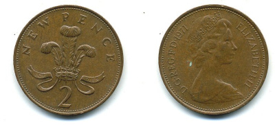 Великобритания 2 пенса 1971 Елизавета II (1952-2022) КМ 916, Spink 4235 (C1) бронза 4110-533