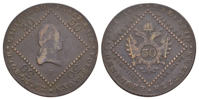 Австрия 30 крейцеров 1807 S, Франц II (1792-1835), год-тип KM 2149 медь 1519-145