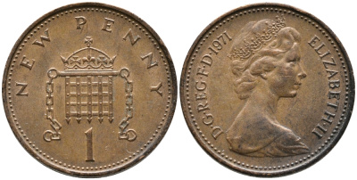 Великобритания 1 пенни 1971 Елизавета II (1952-2022) KM 915, Spink 4237 (B1) бронза 100-544