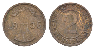 Германия 2 рейхспфеннига 1936 D KM 38, J. 314 бронза 4549-457