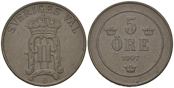Швеция 5 эре 1907 Оскар II (1872-1907) KM 770 бронза    4171-822