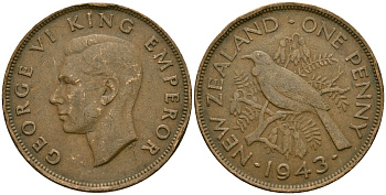 Новая Зеландия 1 пенни 1943 Георг VI (1936-1952), новозеландский туи KM 13 бронза 4165-1223