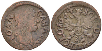 Польша 1 солид (шелаг, шиллинг) 1664 Ян II Казимир Ваза (1649-1668), боратынка, вес 1,22 гр. KM 110 медь 66-226