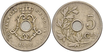 Бельгия 5 сантимов 1906 Belgie, Леопольд II (1865-1909), с крестом KM 55 медно-никель 4546-121