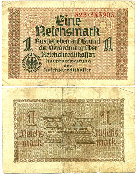 ГЕРМАНИЯ 1 РЕЙХСМАРКА 1940-1945 ТРЕТИЙ РЕЙХ ДЛЯ ОККУПИРОВАННЫХ ТЕРРИТОРИЙ Pick R136a бумага 6289-41-3-1