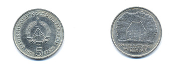 ГДР 5 марок 1982 A, Веймар, садовый домик Гете KM 85 медь цинк никель 54-2513