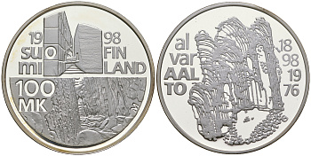 Финляндия 100 марок 1998 100 лет со дня рождения Алвар Аалто, архитектор, тираж 4000 экземпляров KM 87 серебро  PROOF  1095-2-51