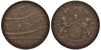 Британская Индия 20 кэш 1803 Мадрасское президентство KM 321 медь 1524-1233