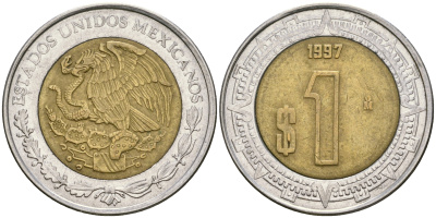 Мексика 1 песо 1997 Mo KM 603 биметалл 4364-455