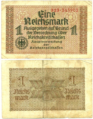 ГЕРМАНИЯ 1 РЕЙХСМАРКА 1940-1945 ТРЕТИЙ РЕЙХ ДЛЯ ОККУПИРОВАННЫХ ТЕРРИТОРИЙ Pick R136a бумага 6289-41-3-1