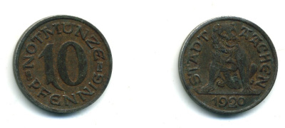 Германия, Ахен 10 пфеннигов 1920 нотгельд, земля Северный Рейн-Вестфалия Funck 1.1 железо 54-568