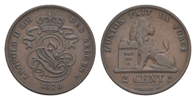 Бельгия 2 сантима 1870 Des Belges, Леопольд II (1865-1909) KM 35 медь 4658-844