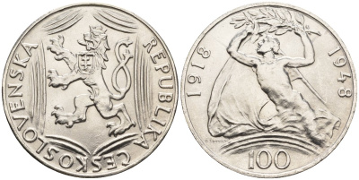 Чехословакия 100 крон 1948 30 лет независимости KM 27 серебро UNC 87-1044