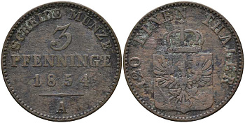 ПРУССИЯ 3 ПФЕННИГА 1854 А, ФРИДРИХ ВИЛЬГЕЛЬМ IV (1840-1861) KM 453 медь 4448-1142