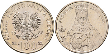 Польша 100 злотых 1988 MW, серия Польские правители, королева Ядвига (1384-1399) KM 183 медно-никель  UNC  4149-245