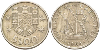 ПОРТУГАЛИЯ 5 ЭСКУДО 1984 ПАРУСНИК KM 591 медно-никель 4523-556