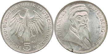 ФРГ 5 марок 1968 G, 500 лет со дня смерти Иоганна Гутенберга KM 122, J. 397 серебро aUNC 1529-143