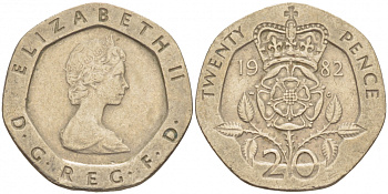 Великобритания 20 пенсов 1982 Елизавета II (1952-2022) KM 931, Spink 4230 (G1) медно-никель 77-253