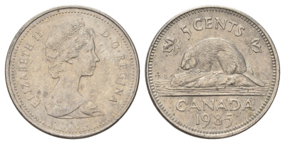 Канада 5 центов 1985 Елизавета II (1952-2022), бобр KM 60.2a медно-никель 4689-426