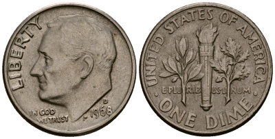 США 10 центов (дайм) 1968 Рузвельт, D KM 195a медь плакированная медно-никелем 4164-943