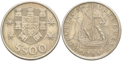 ПОРТУГАЛИЯ 5 ЭСКУДО 1984 ПАРУСНИК KM 591 медно-никель 4523-556