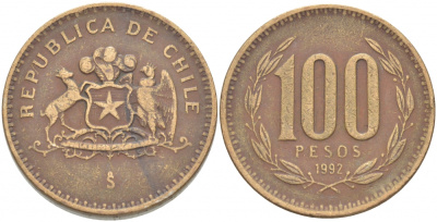 ЧИЛИ 100 ПЕСО 1992 KM 226.2 алюминиевая бронза 4539-833