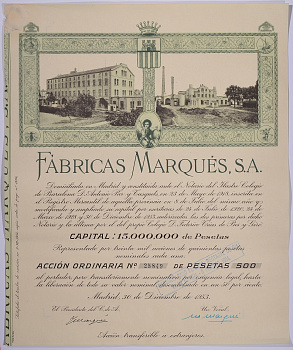 ИСПАНИЯ АЦИЯ НА 500 ПЕСЕТ 1953 FABRICAS MARQUES S.A., МАДРИД 1953 бумага 5544-5
