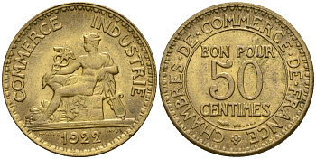 Франция 50 сантимов 1922 тип Chambre de Commerce KM 884, Le Franc 191.5 алюминиевая бронза 53-124