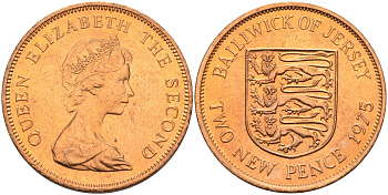 Джерси 2 пенса 1975 герб, Елизавета II (1952-2022) KM 31 бронза UNC 4367-442