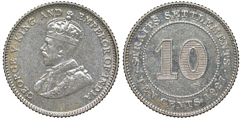Стрейтс-Сетлментс 10 центов 1927 Георг V (1910-1936) КМ 29b серебро 53-715