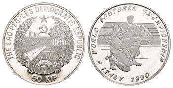 Лаос 50 кип 1989 Чемпионат Мира по футболу 1990 KM 34 серебро PROOF 1083-2-53