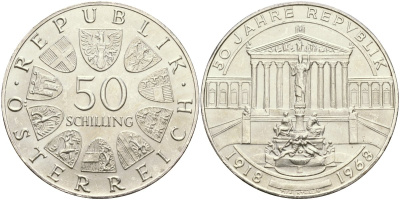 Австрия 50 шиллингов 1968 50 лет Австрийской Республике KM 2904.1 серебро UNC 04-322-42
