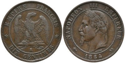 ФРАНЦИЯ 10 САНТИМОВ 1864 К, НАПОЛЕОН III (1852-1870) KM 798.3, LA FRANC 134.13 бронза 32-1023