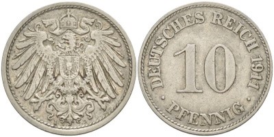 Германия 10 пфеннигов 1911 D KM 12, Jager 13, Weege 8 медно-никель 219-214