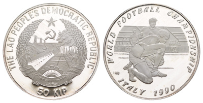 Лаос 50 кип 1989 Чемпионат Мира по футболу 1990 KM 34 серебро PROOF 1083-2-53