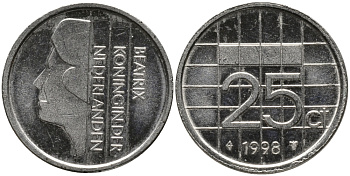Нидерланды 25 центов 1998 Беатрикс (1980-2013) KM 204 никель 86-451