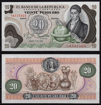 Колумбия 20 песо оро 1982 Франсиско Хосе де Кальдас, музей золота Pick 409 d бумага UNC (пресс) 8518-23-1-2