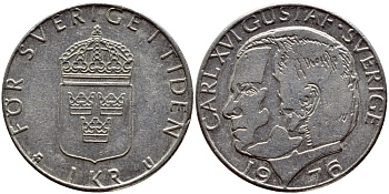 Швеция 1 крона 1976 Карл XVI Густав (1973- ) KM 852 медь плакированная медно-никелем 4397-345