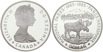 Канада 1 доллар 1985 100 лет национальному парку (1885-1985), лось KM 143 серебро PROOF 11-085-24
