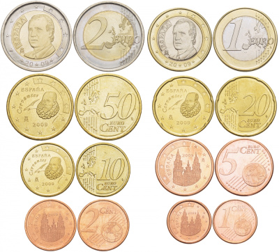 Испания евронабор из 8 монет 2009 1, 2, 5, 10, 20, 50 евроцентов, 1 и 2 евро KM 1040, 1041, 1042, 1070, 1071, 1072, 1073, 1074 N6-11
