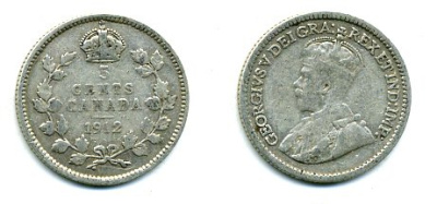 КАНАДА 5 ЦЕНТОВ 1912 ГЕОРГ V серебро 46-448