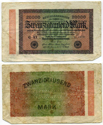 ГЕРМАНИЯ 20000 МАРОК 1923 20 ФЕВРАЛЯ 1923, ВОДЯНОЙ ЗНАК L Pick 85а бумага 7203-16-3