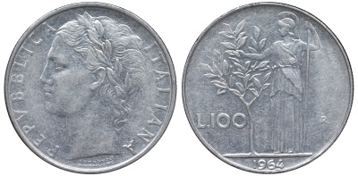 Италия 100 лир 1964 R KM 96.1 нержавеющая сталь 4144-113