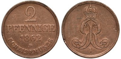 Брауншвейг-Каленберг-Ганновер 2 пфеннига 1862 B, Георг V (1851-1866) KM 234, AKS 153, J. 91 медь 413-5331