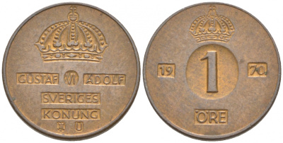 Швеция 1 эре 1970 U Густав VI Адольф (1950-1973) KM 820 бронза 187-164