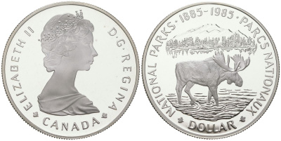 Канада 1 доллар 1985 100 лет национальному парку (1885-1985), лось KM 143 серебро PROOF 11-085-24