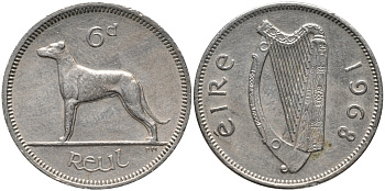 ИРЛАНДИЯ 6 ПЕНСОВ 1968 ИРЛАНДСКИЙ ВОЛКОДАВ KM 13а медно-никель 4387-1138