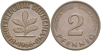 ФРГ 2 пфеннига 1966 D KM 106, J. 381 бронза 4181-746