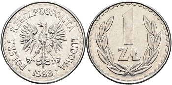 Польша 1 злотый 1988 MW, Народная Республика KM 49.2, Parchimowicz 214c алюминий 4388-613
