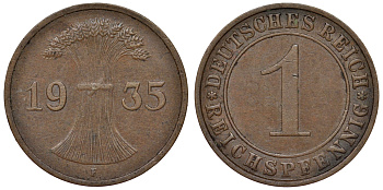 Германия 1 рейхспфенниг 1935 F KM 37, J. 313 бронза 4124-131